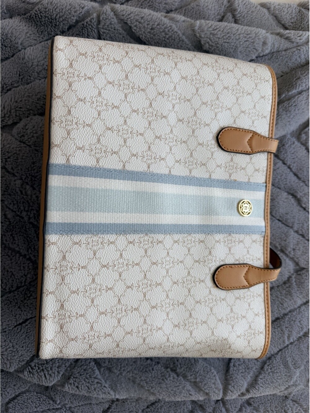 Nanette Lepore Monogram Logo Tote Bag Cream Blue Stripe Large Zip Shoulder NWT